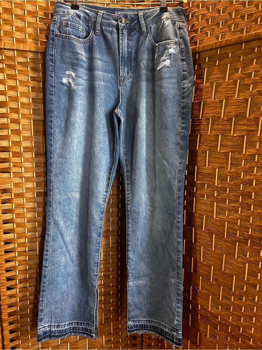 High Rise Straight Leg Jeans Distressed Split Hem Vintage Wash Sound Style 10